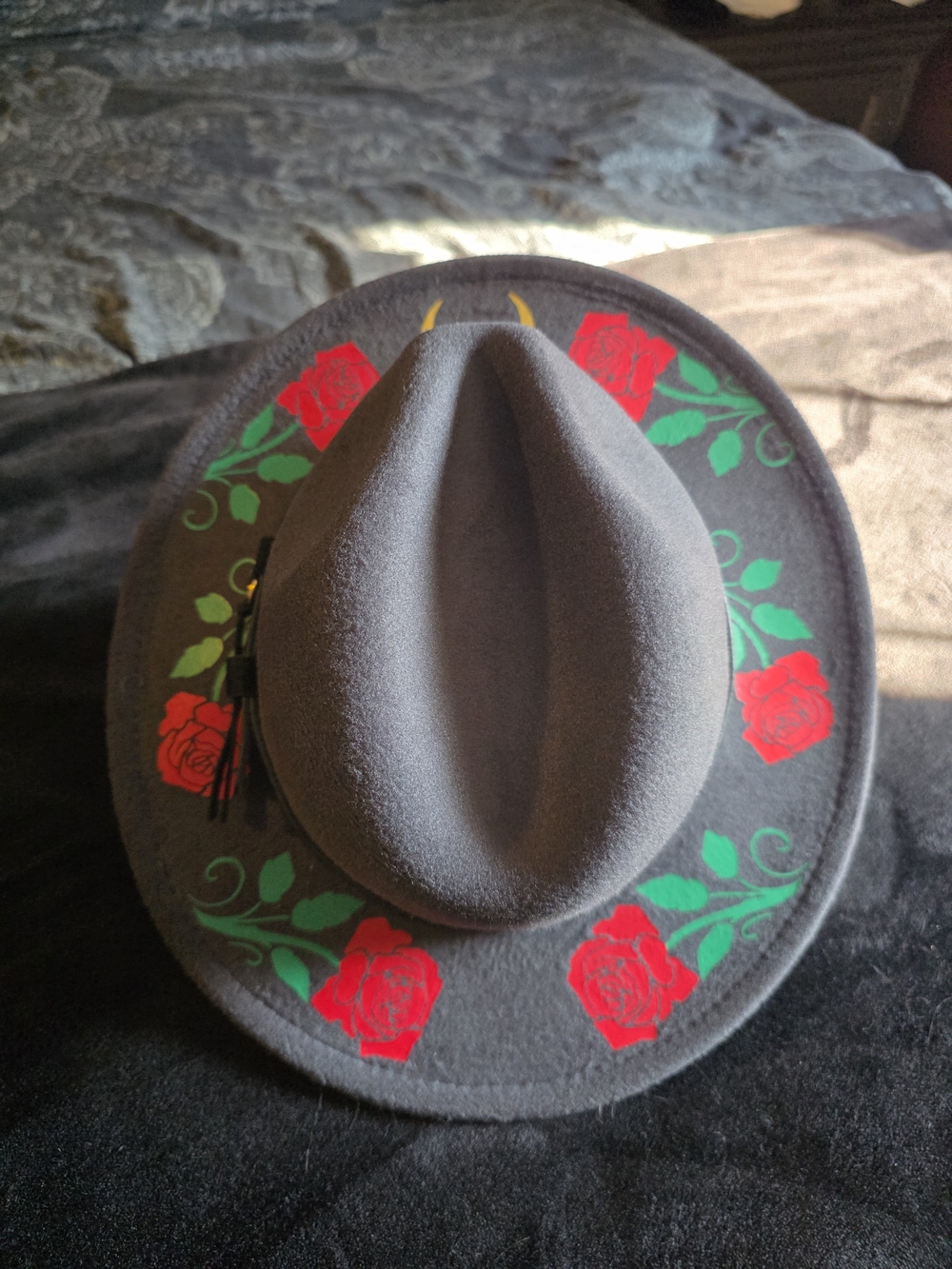 Witchwood Gray Vegan Felt Rancher Hat Hand Painted Red Roses Moon Tassel 23" NWT